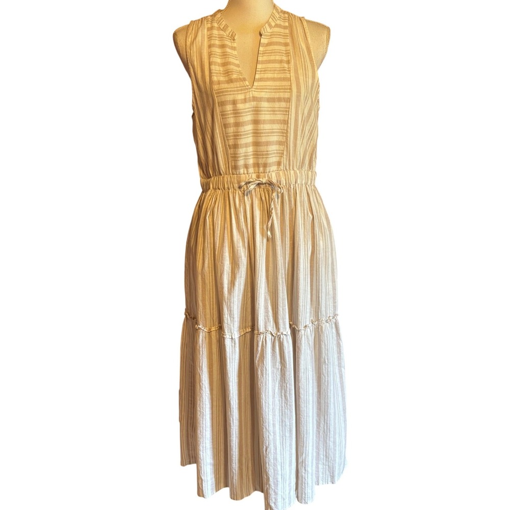 Splendid Tan White Striped Linen Blend Midi Dress Medium Coastal Casual Resort